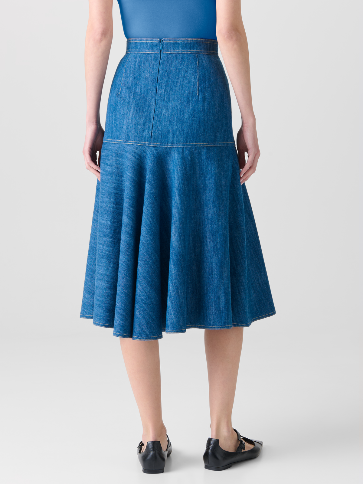 Designer Cotton Stretch Denim Skirt with Flounce Hem - blue #editorial