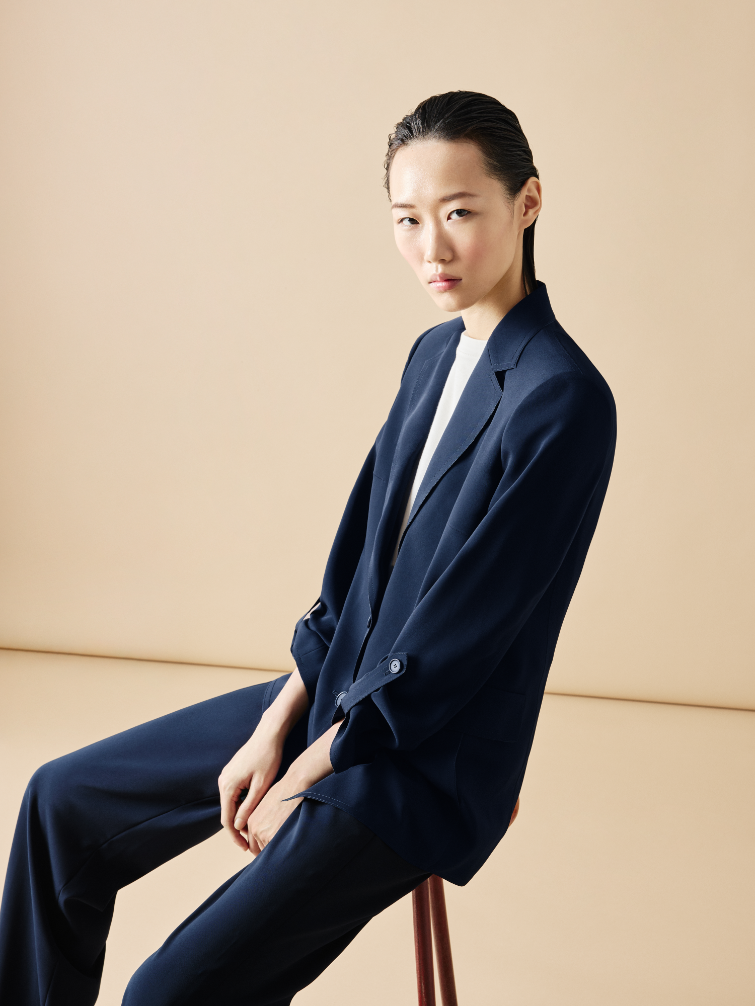 Designer Straight Laser Cut Pants with Elastic Waist - navy - blue 