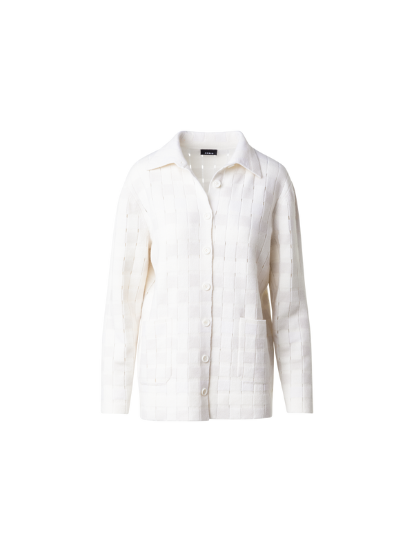 Designer Long Braided Knit Cardigan in Cashmere Blend - ecru - white