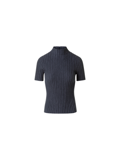 Designer Fitted Merino Wool Rib Mock Neck Knit Top - neutral - grey