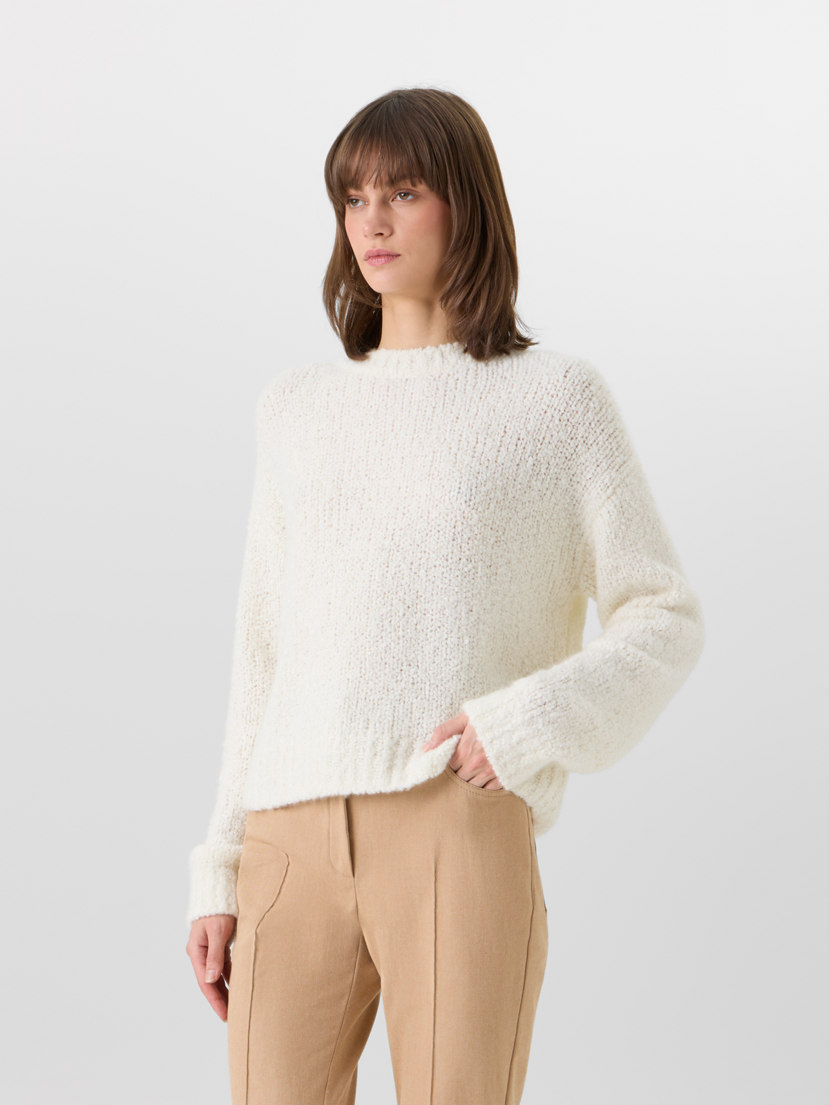 Designer Long-Sleeve Cashmere-Silk Bouclé Knit Sweater - ecru #editorial