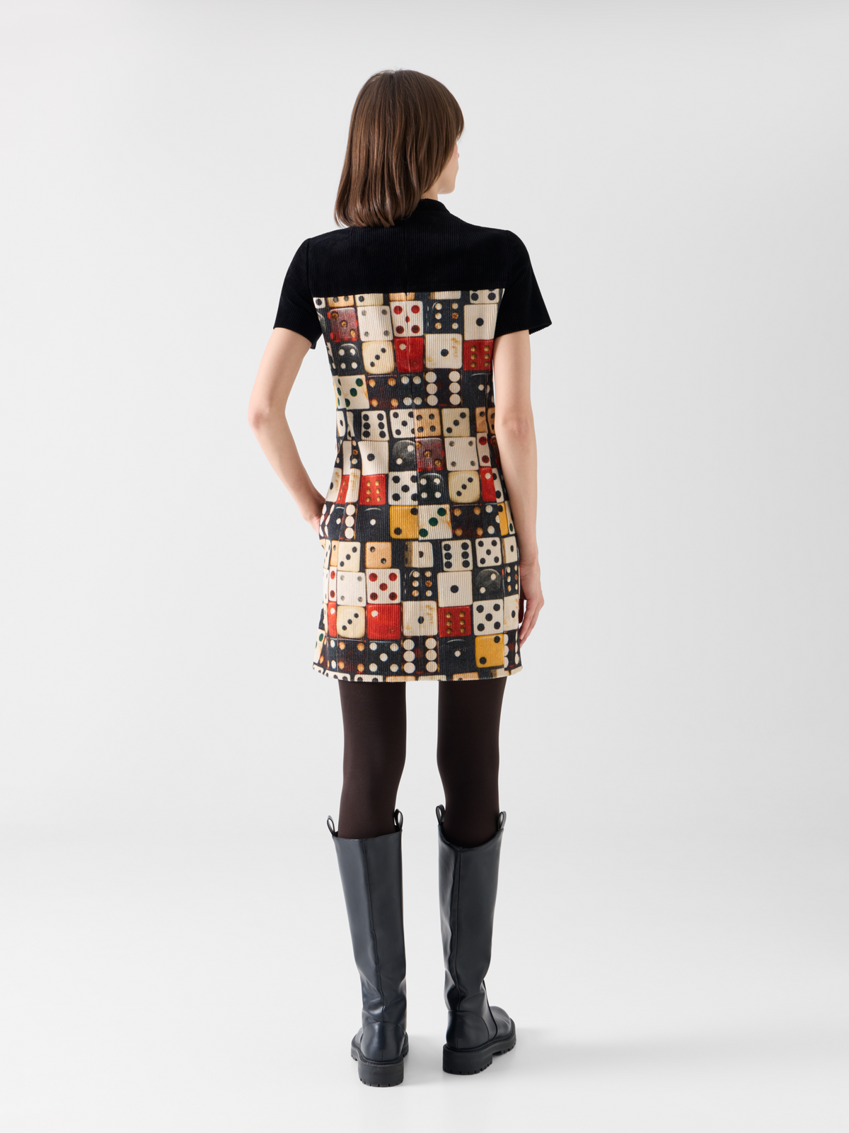 Designer Mini Dress in Cotton Corduroy with Dice Print - multicolor - black 