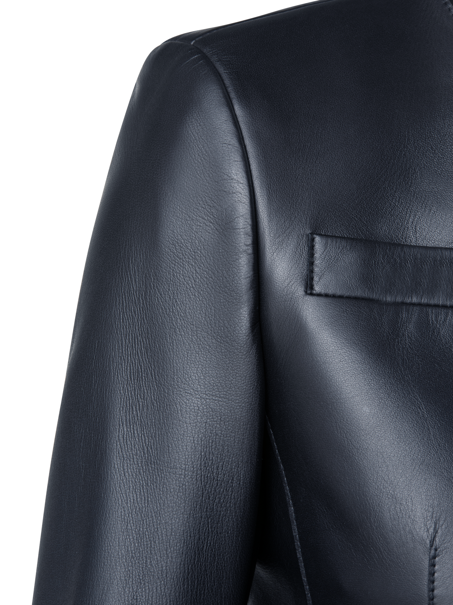 Designer Cropped Leather Jacket - navy - blue