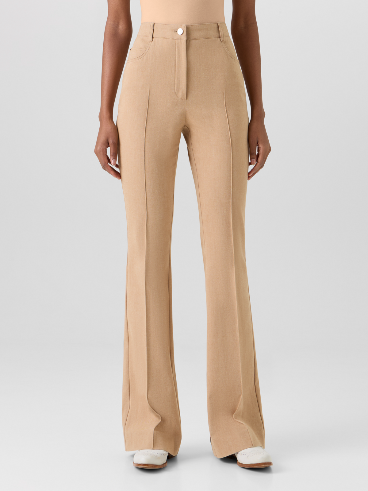 Designer Farid Bootcut Pants in Stretch-Cotton Denim - beige #editorial