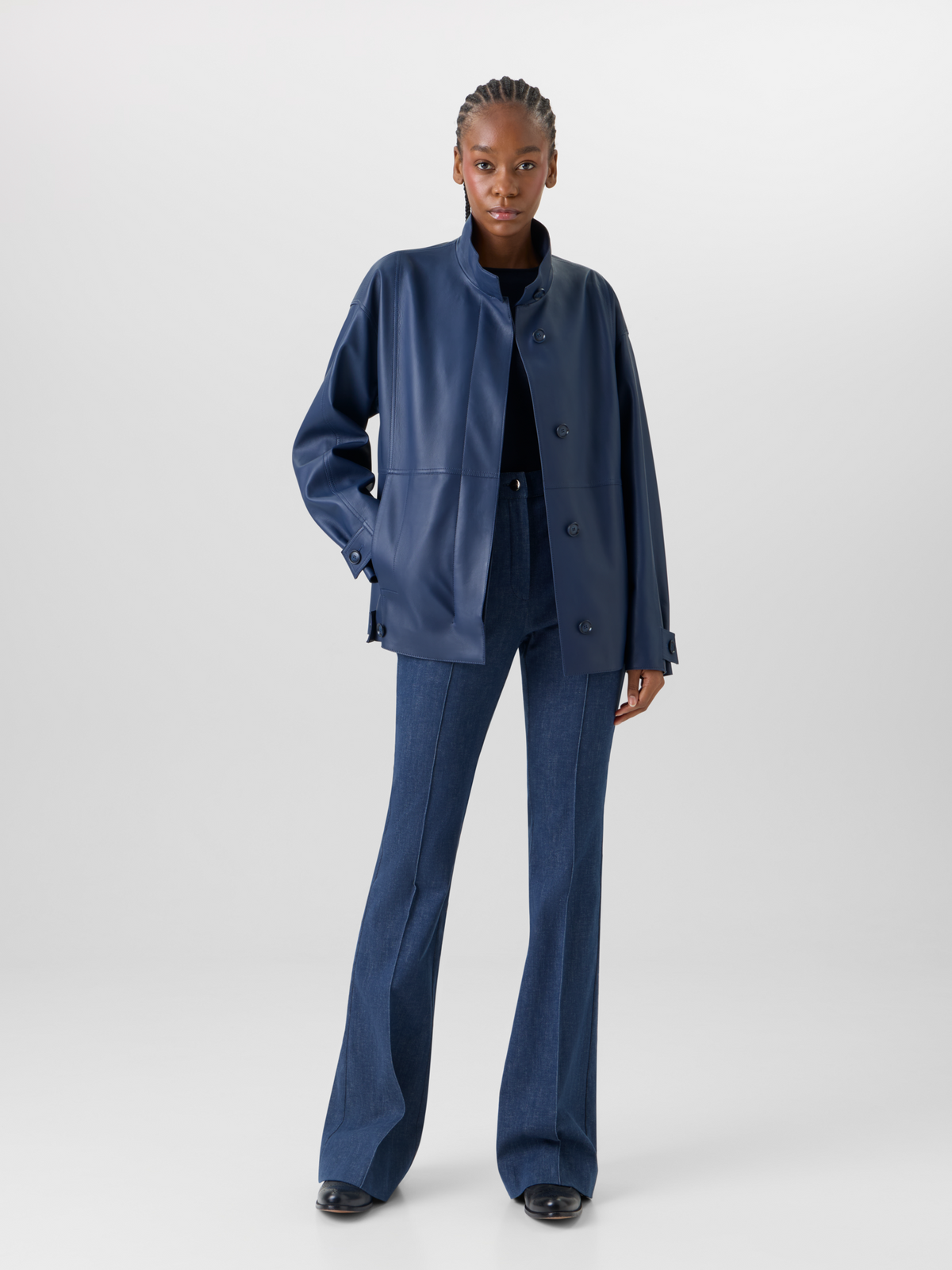 Designer Huma Jacket in Lacquered Leather - blue #editorial