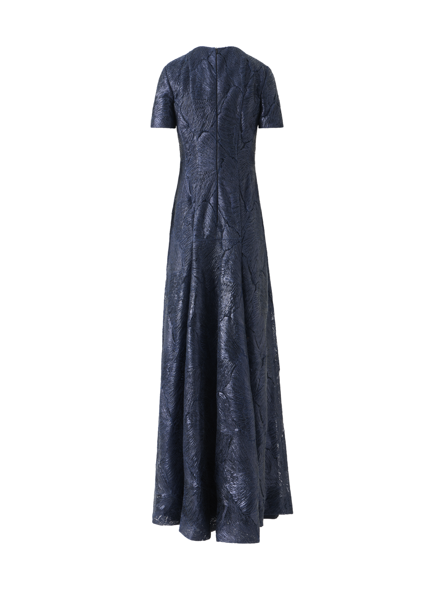 Designer Techno Lacquered Sea Fan Lace Evening Gown - navy - blue