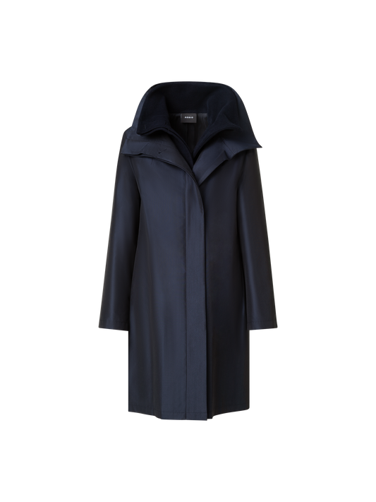 Designer Layered Wool Coat with Removable Silk Layer - navy - blue