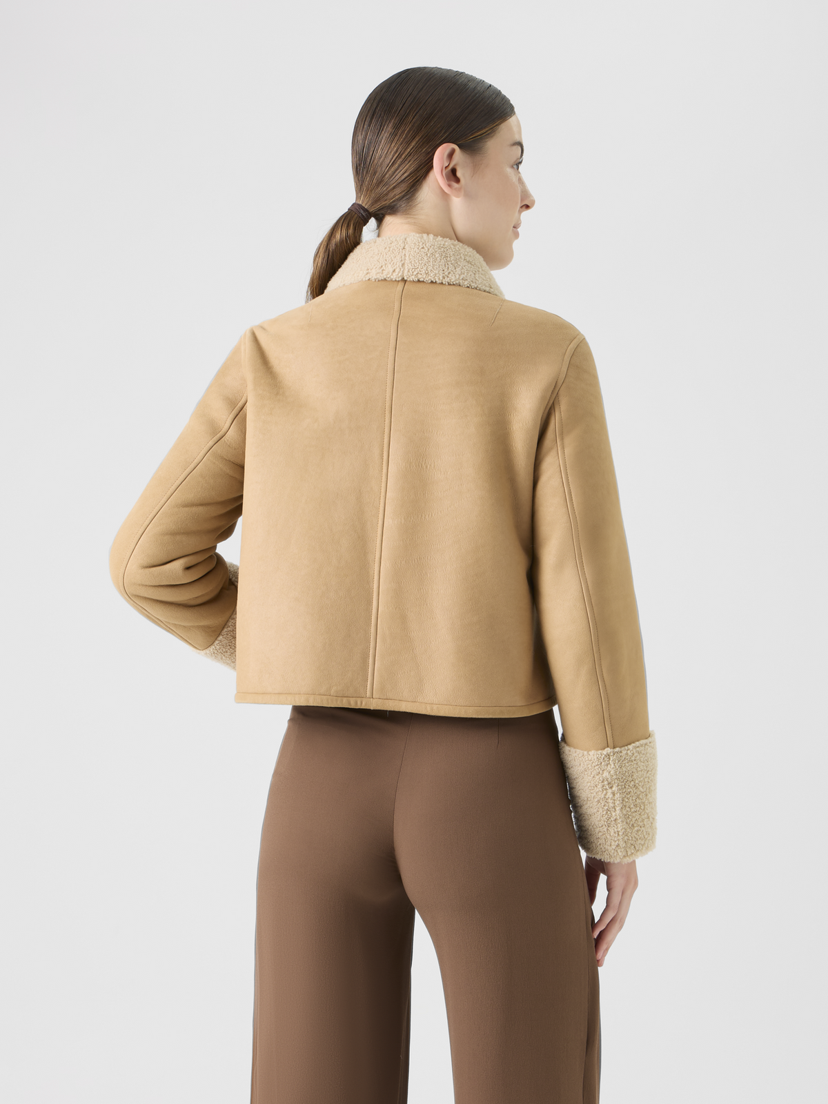 Designer Short Shearling Jacket with Fur Collar and Cuffs - beige #editorial