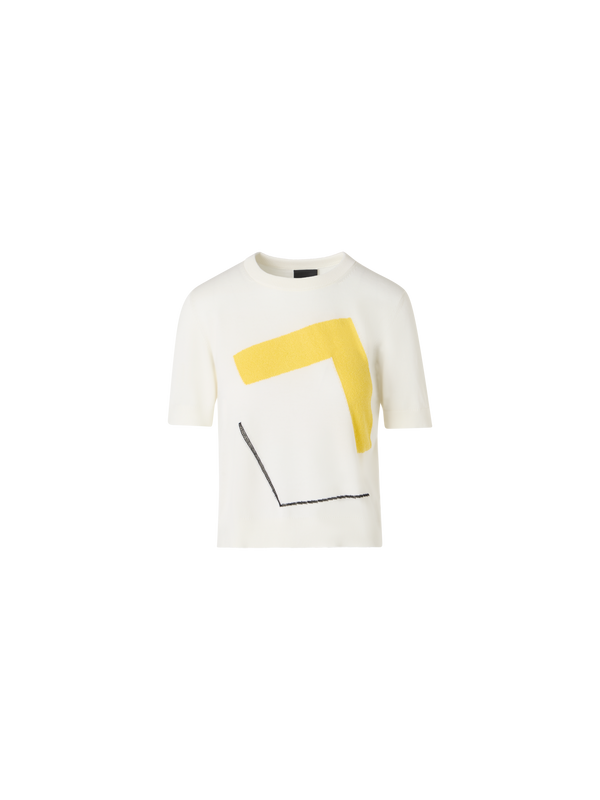 Designer Short-Sleeve Corner Shift Knit Sweater - ecru