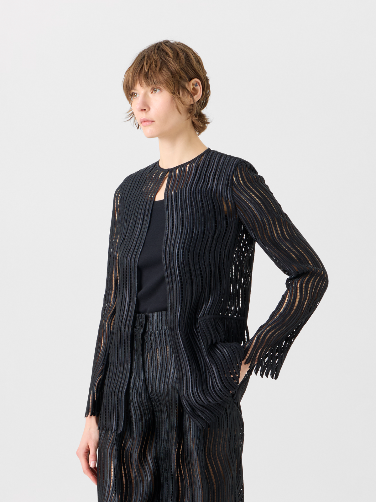 Designer Hekka Long Sheer Wave Guipure Jacket - black #editorial