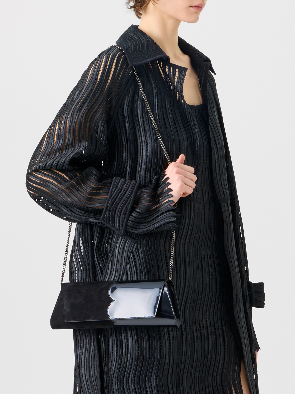 Designer Estelle Long Coat in Wave Guipure - black #editorial