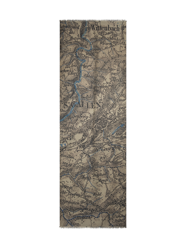 Designer Cashmere Silk Scarf with St. Gallen Map Print - multicolor - beige