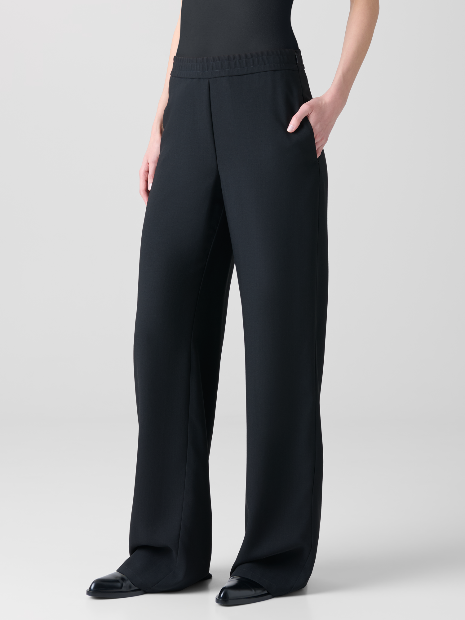 Designer Straight Cool Wool Pants with Elastic Waist - black - neutral 