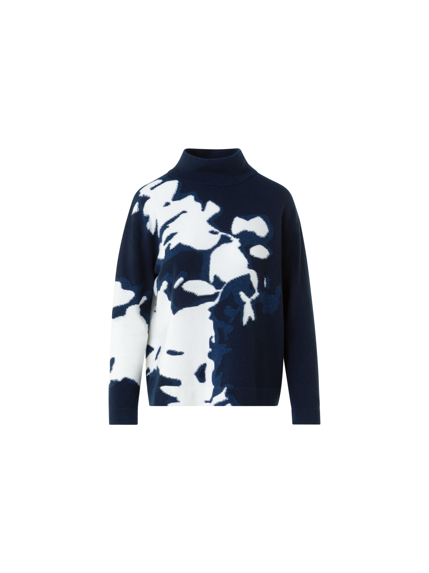 Designer Cashmere Wildflower Intarsia Mock Neck Sweater - navy - blue - multicolor