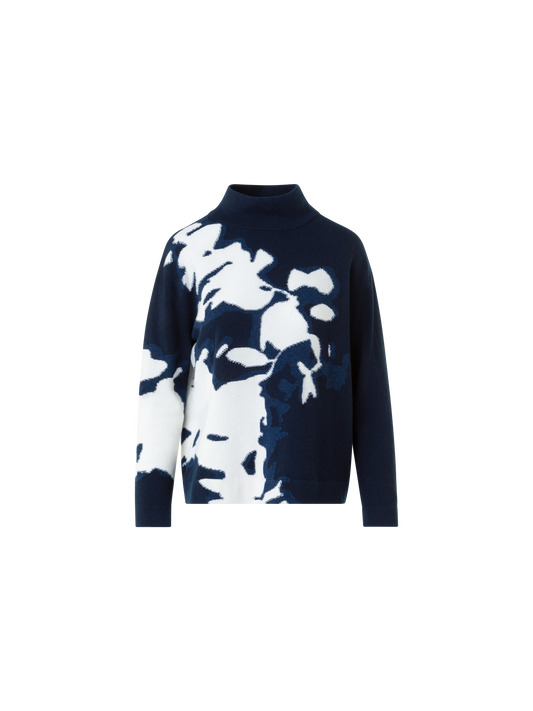 Designer Cashmere Wildflower Intarsia Mock Neck Sweater - navy - blue - multicolor