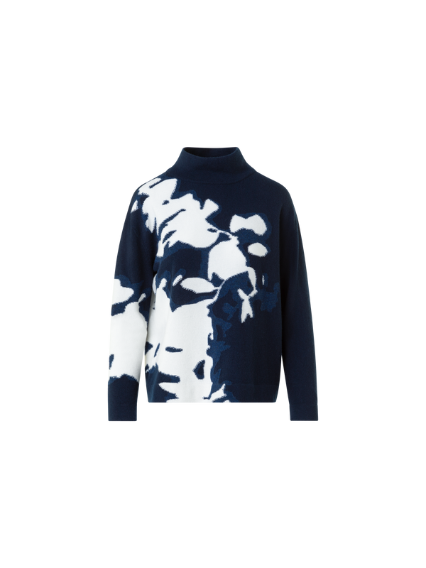 Designer Cashmere Wildflower Intarsia Mock Neck Sweater - navy - blue - multicolor