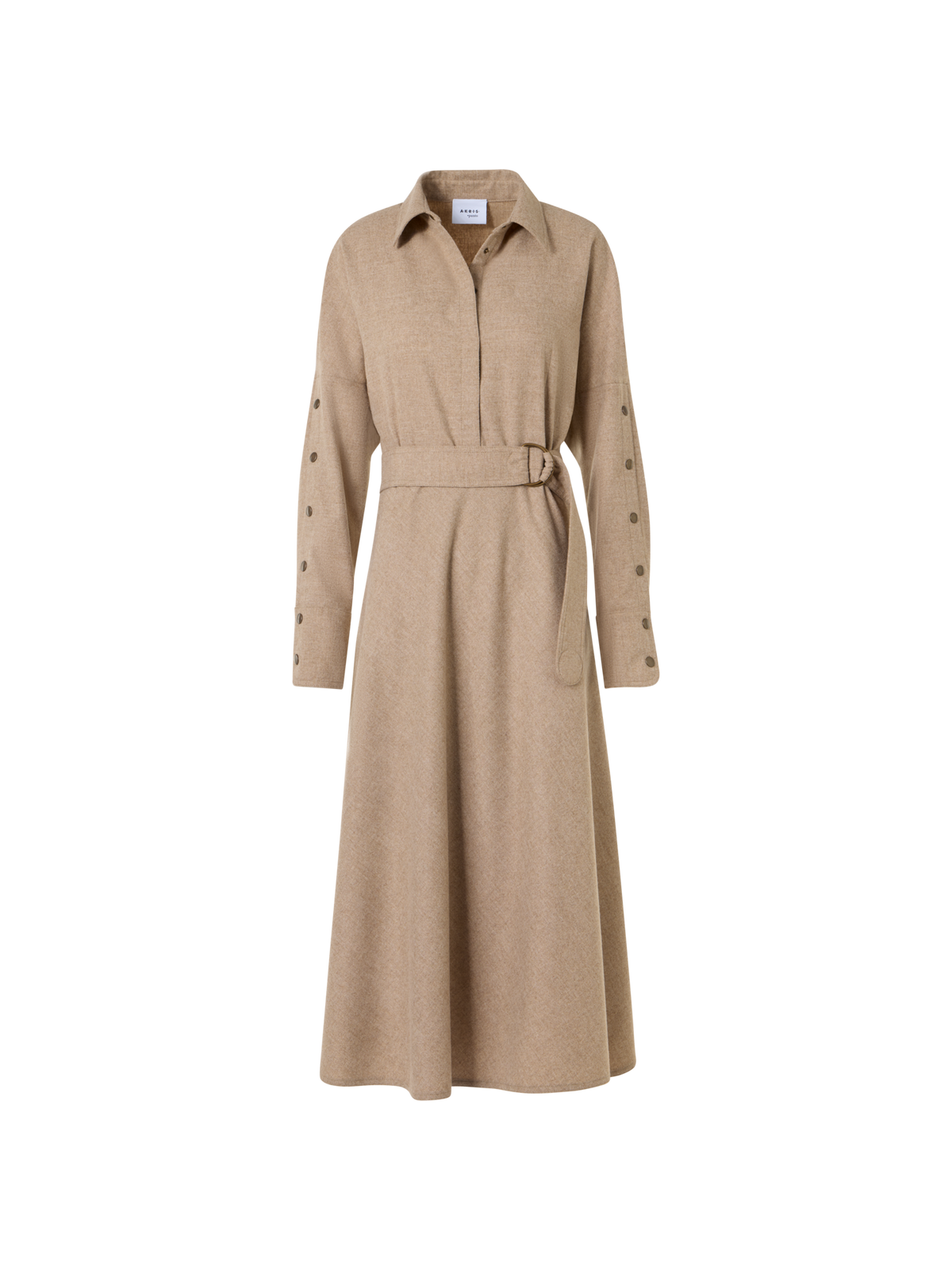 Designer Flared Wool Flannel Midi Dress - beige