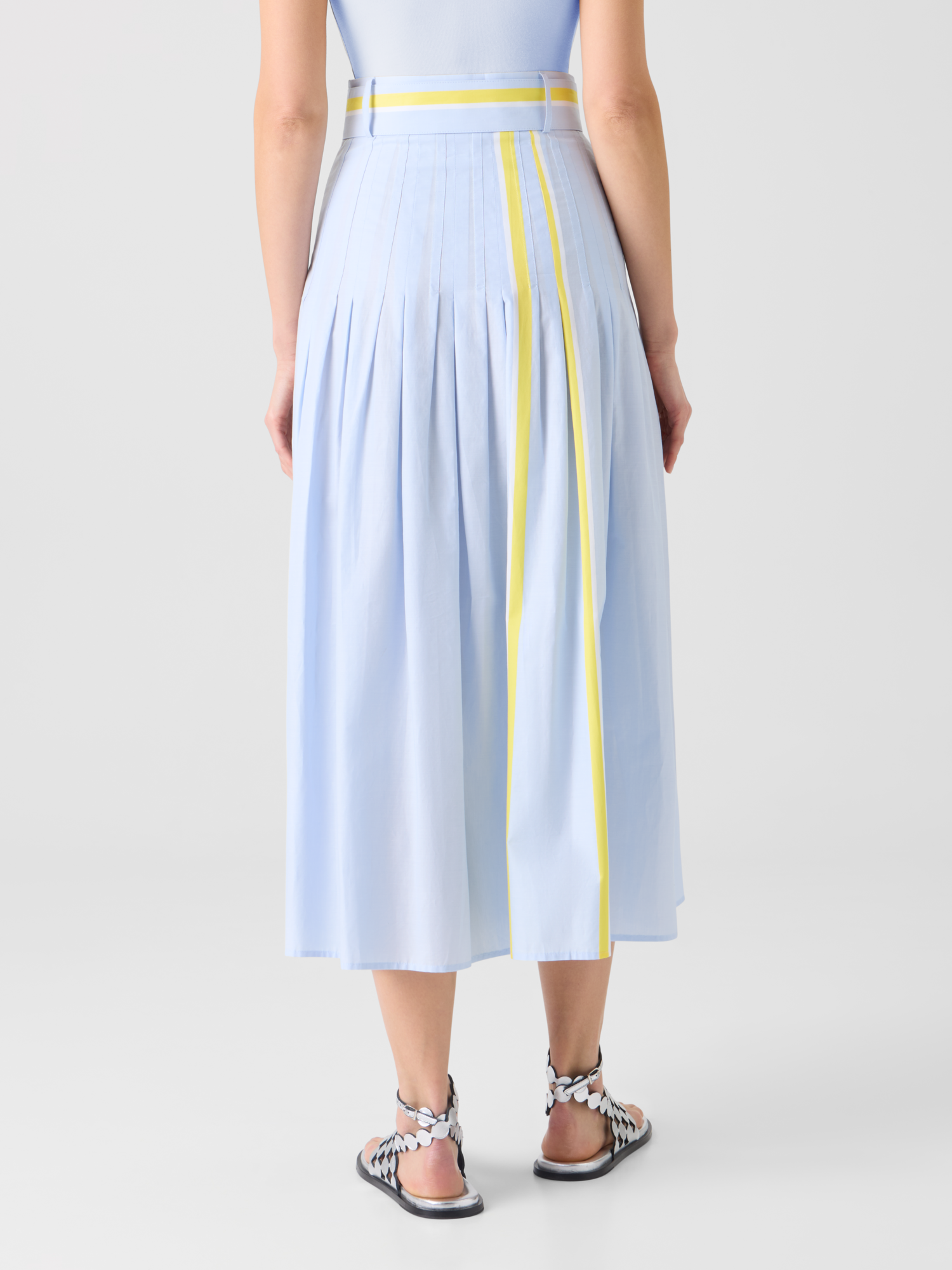 Designer Pleated Striped Cotton Chambray Midi Skirt with Belt - blue - multicolor 