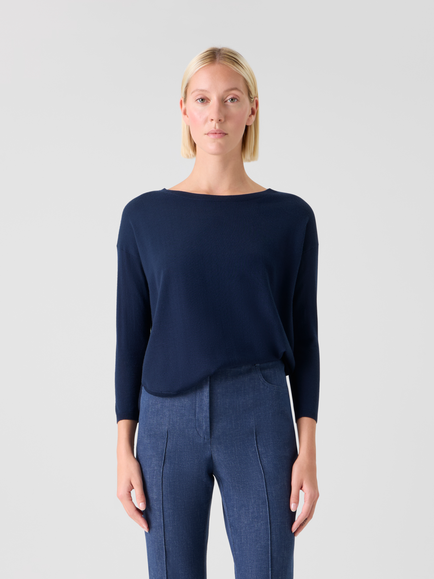 Designer Fine Merino Wool Signature Knit Sweater - navy - blue 