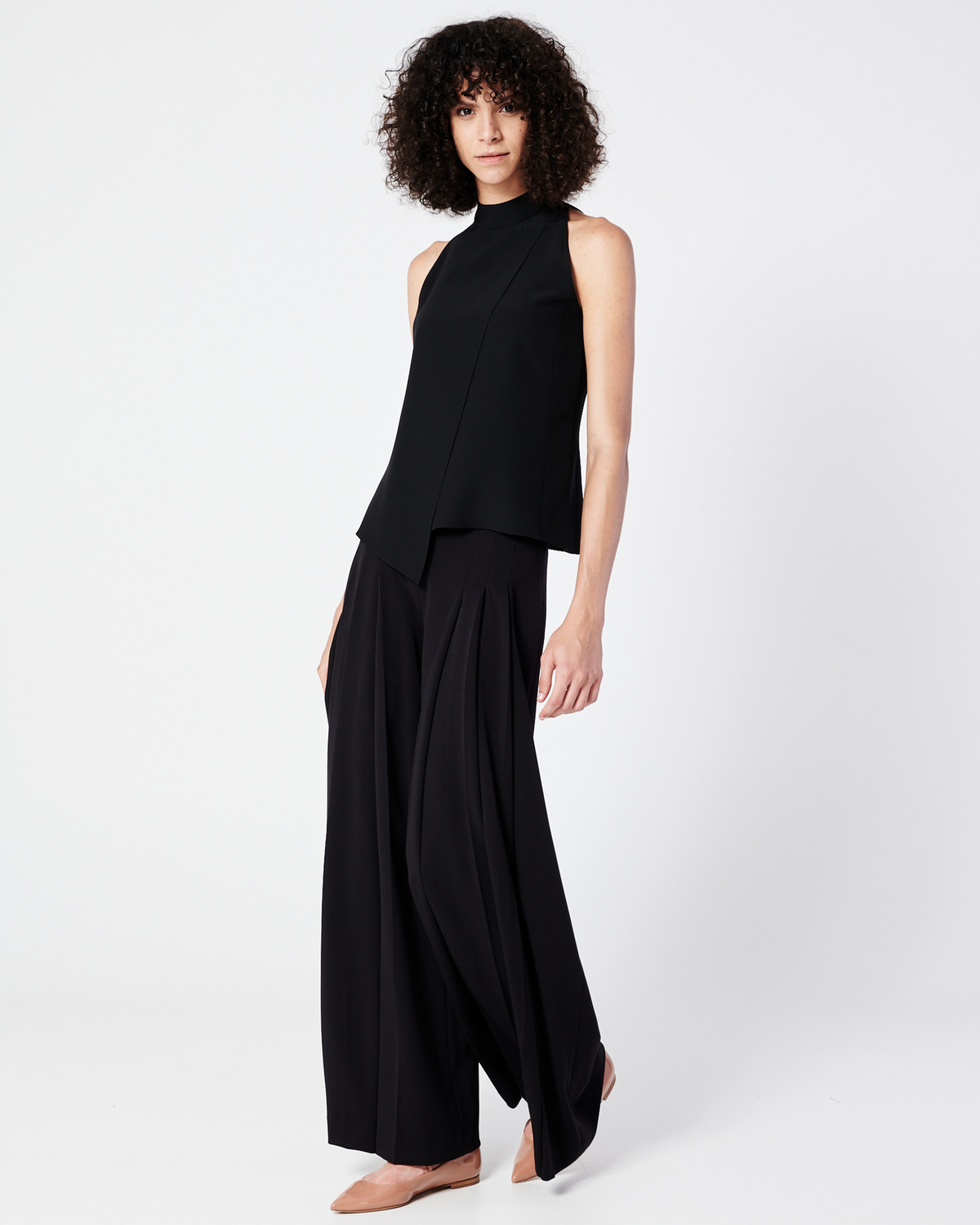 Designer Sleeveless Silk Blouse with Asymmetrical Front - black #editorial