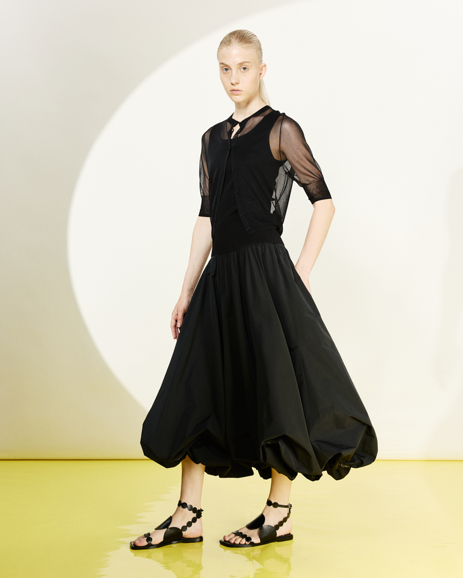 Designer Flounced Midi Taffeta Skirt - black
