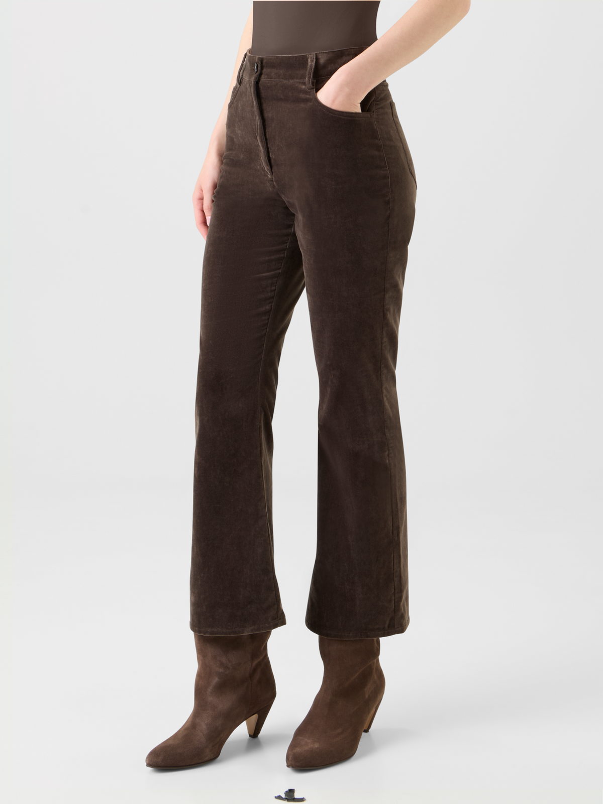 Designer Cropped Bootcut Stretch Cotton Velvet Pants - neutral - brown #editorial