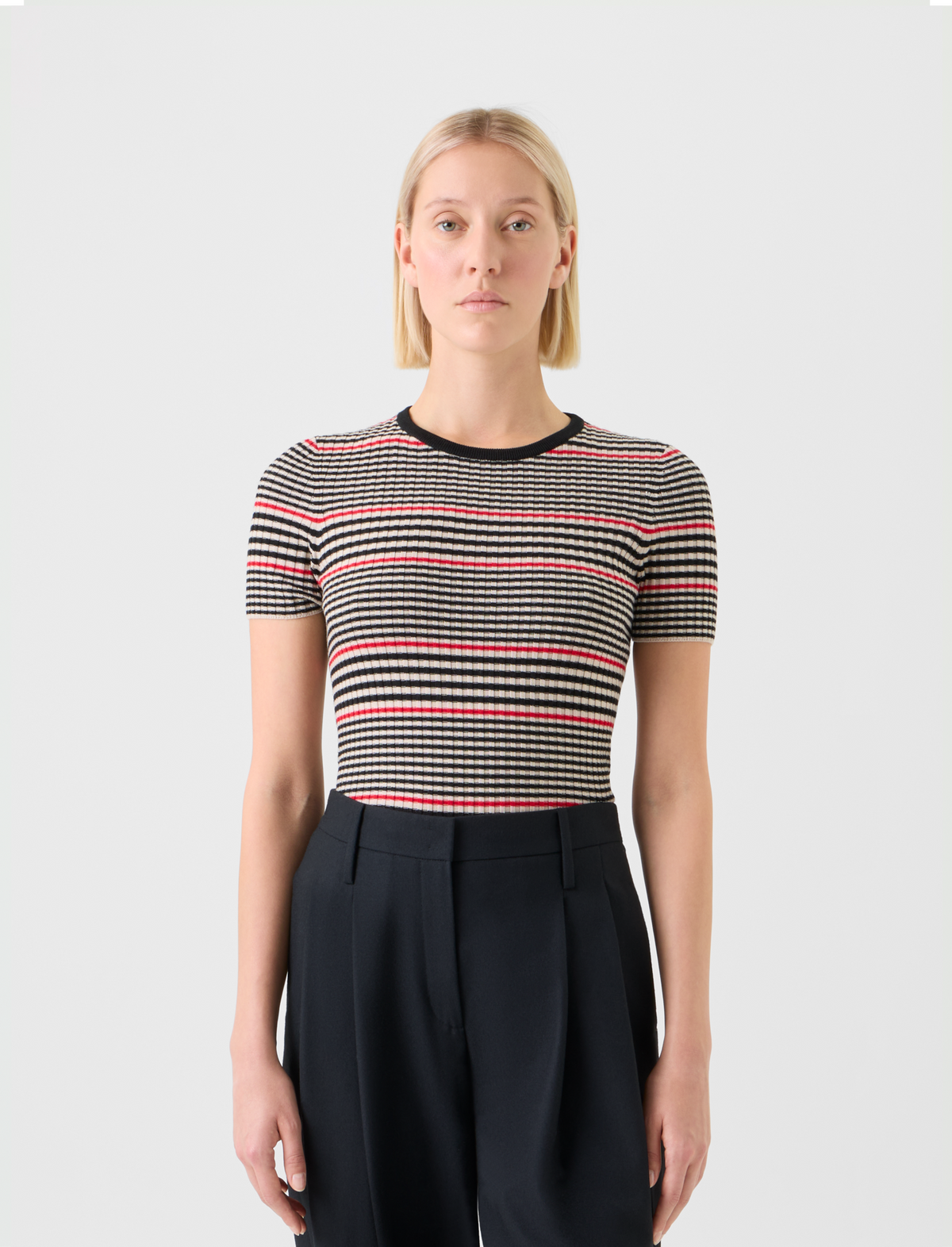 Designer Fitted Short Sleeve Merino Rib Striped Sweater - black - multicolor #editorial