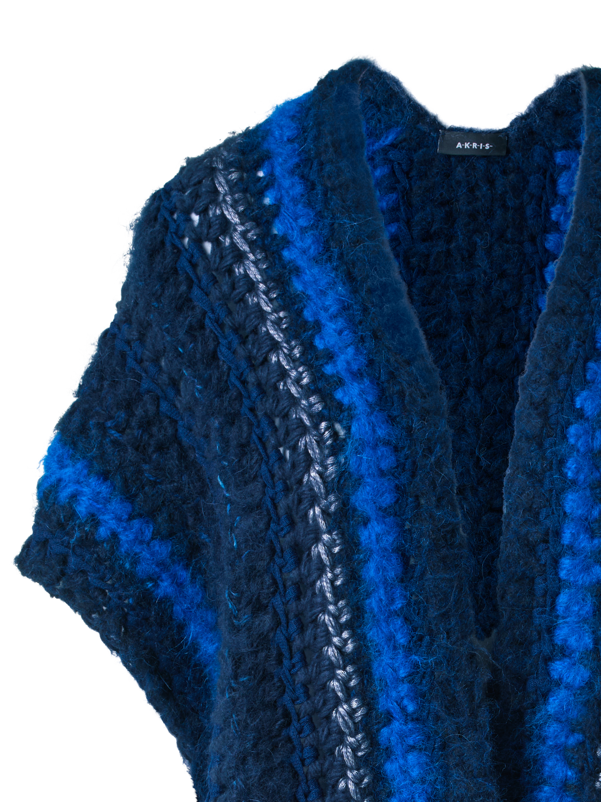 Designer Chunky Crocheted Cashmere Silk Striped Gilet - blue - multicolor