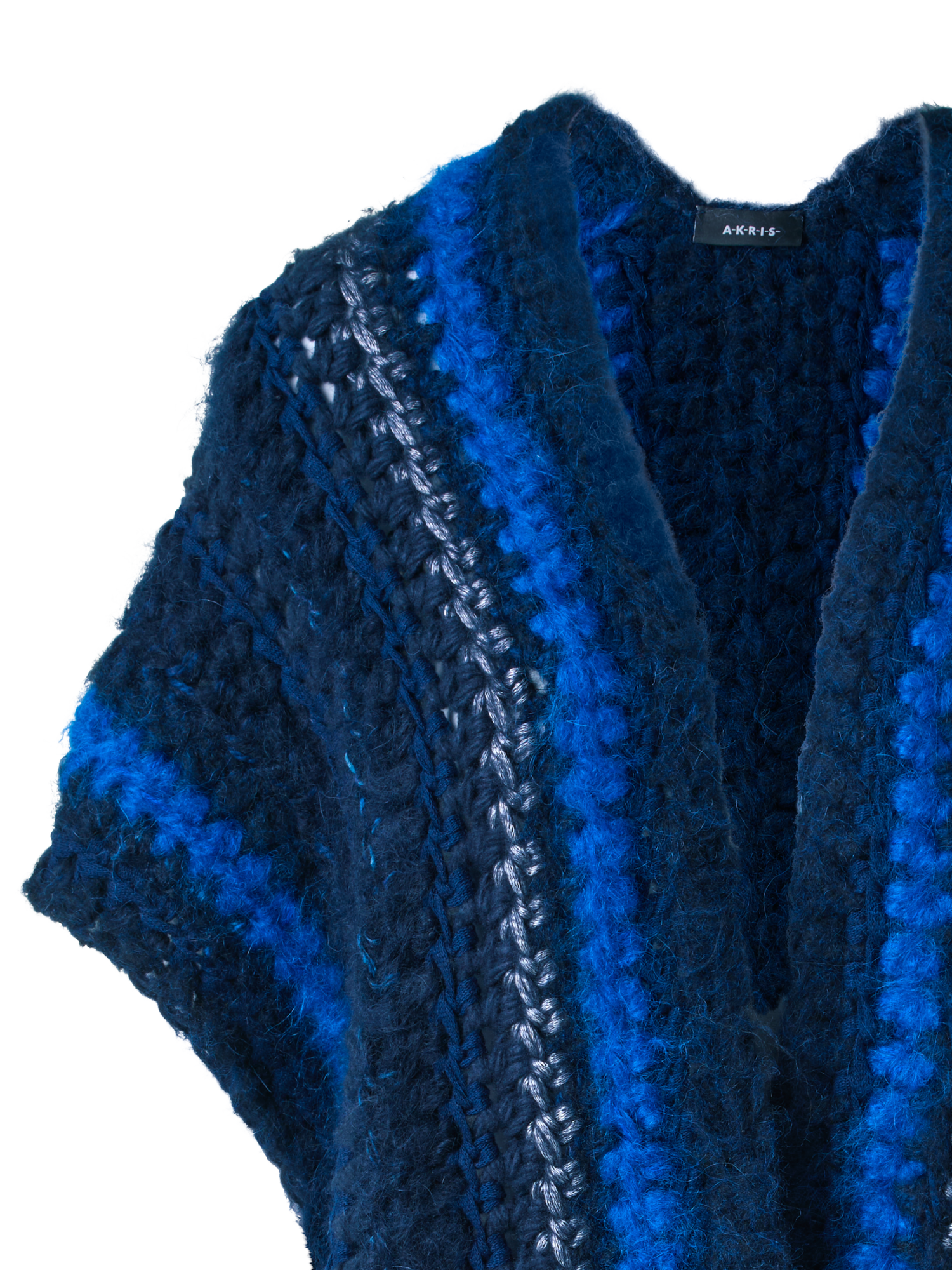 Designer Chunky Crocheted Cashmere Silk Striped Gilet - blue - multicolor