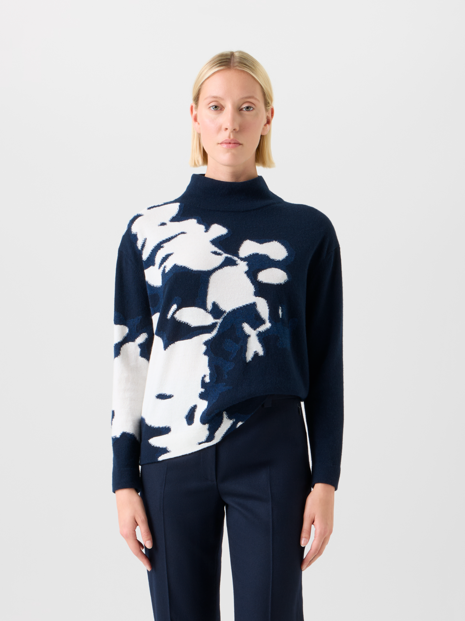 Designer Cashmere Wildflower Intarsia Mock Neck Sweater - navy - blue - multicolor 