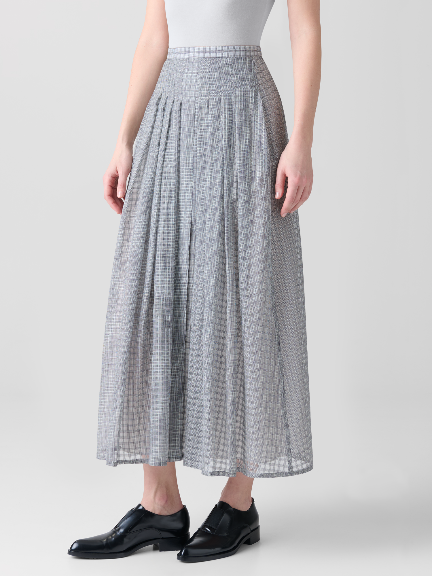 Designer Flared Cotton Midi Skirt with Small Plaid Print - black - neutral - grey - multicolor