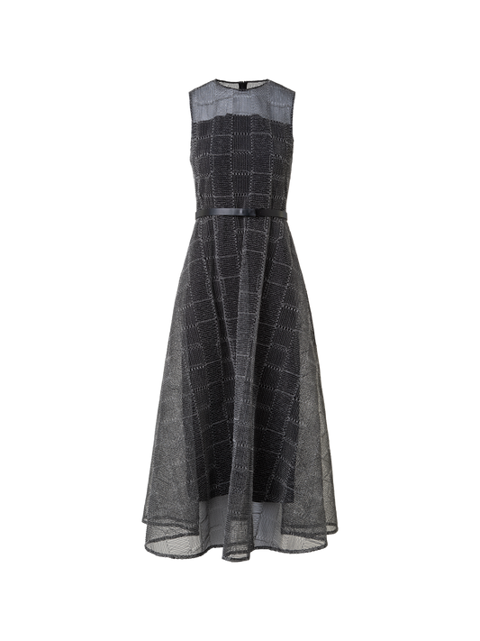 Designer Fit and Flare Squares on Tulle Midi Dress - black