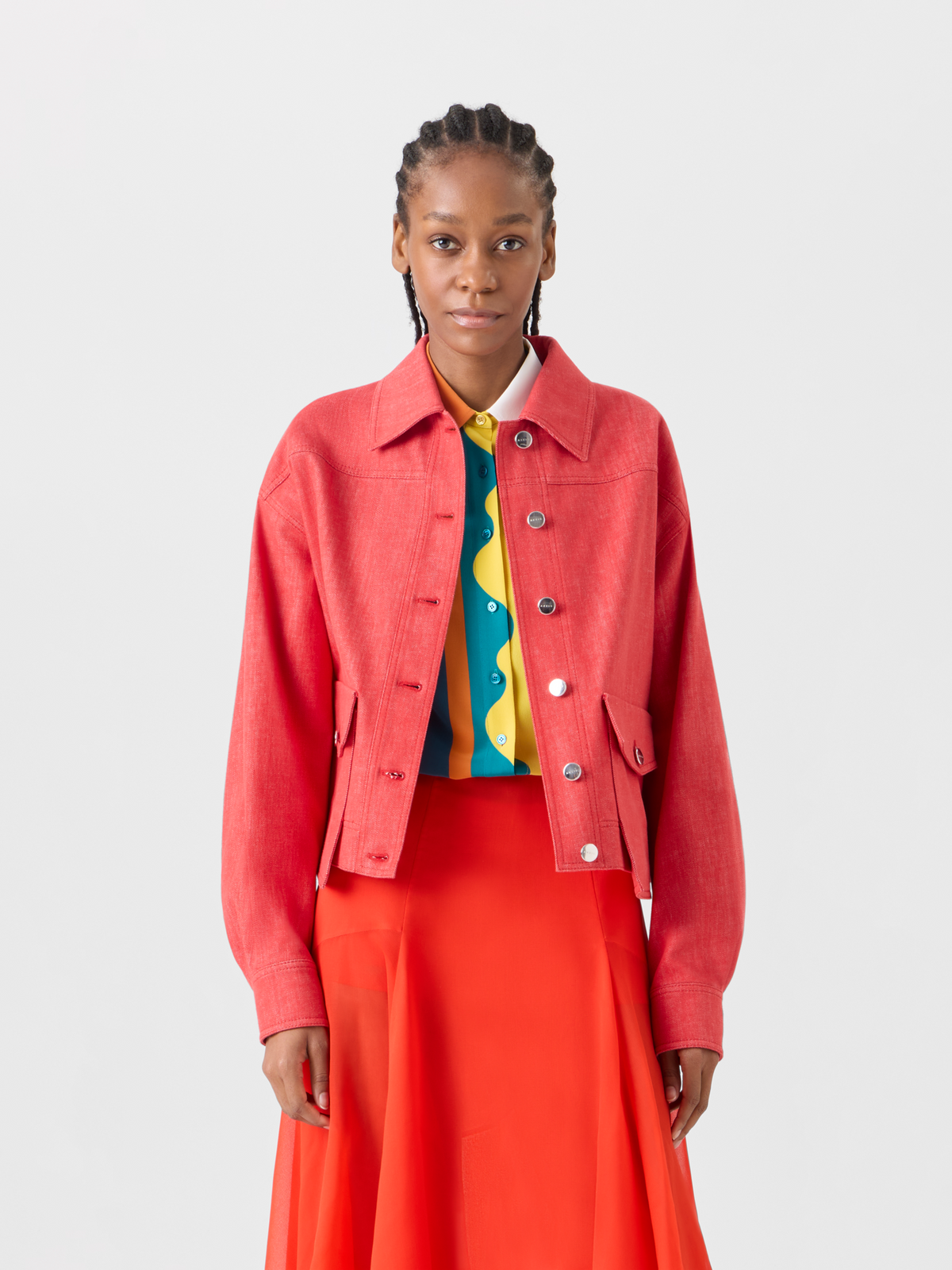 Designer Hilly Oversize Jacket in Cotton Denim - red #editorial