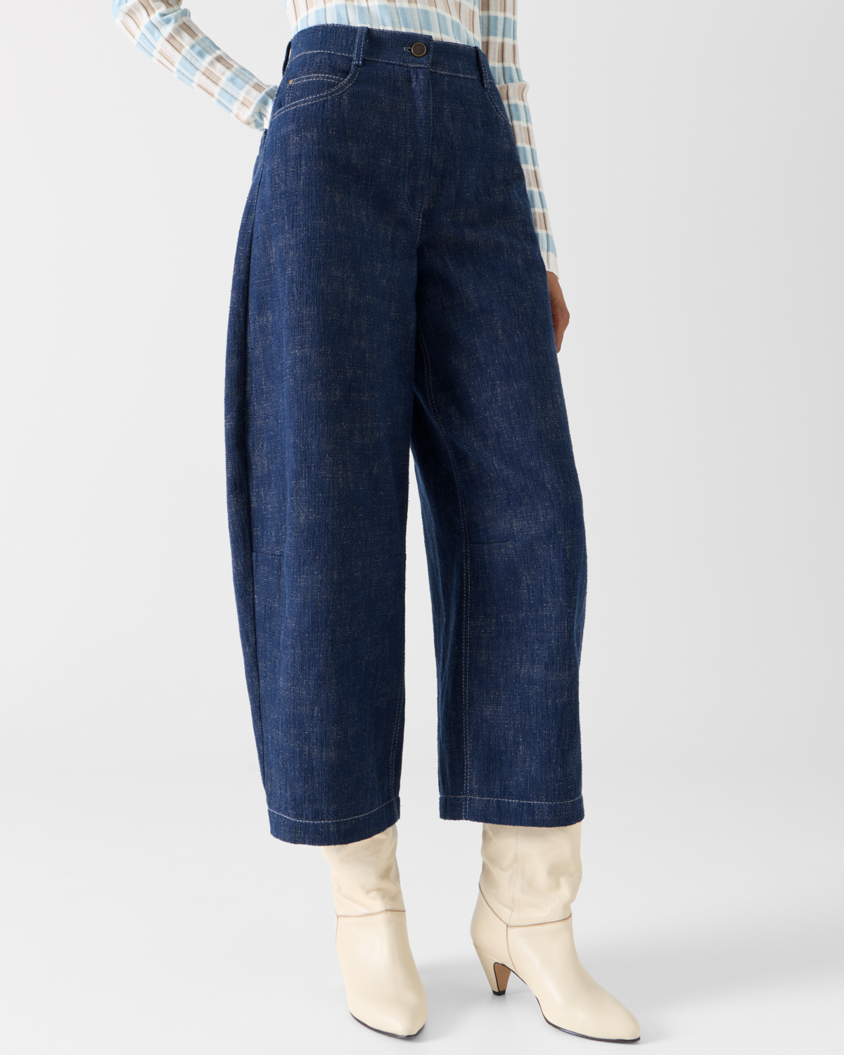 Designer Barrel Leg Pants in Brushed Winter Denim - navy #editorial