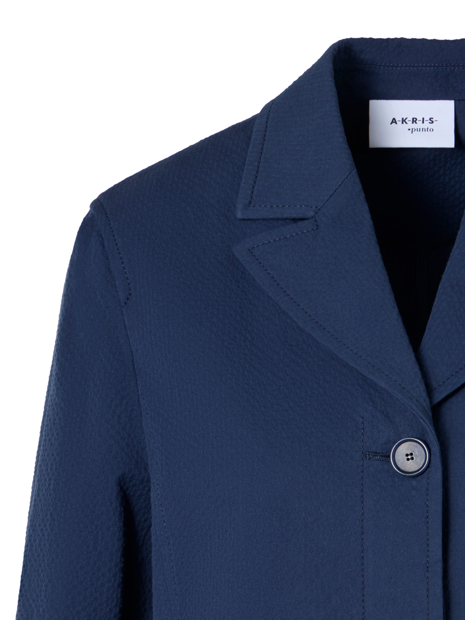Designer Boxy Cotton Stretch Seersucker Lapel Jacket - navy - blue