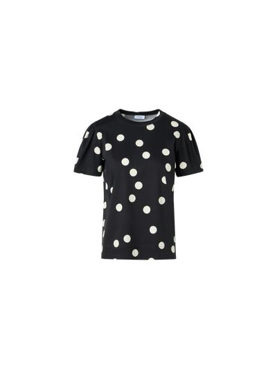 Designer Polka Dot Cotton Jersey T-Shirt with Puff Sleeves - black
