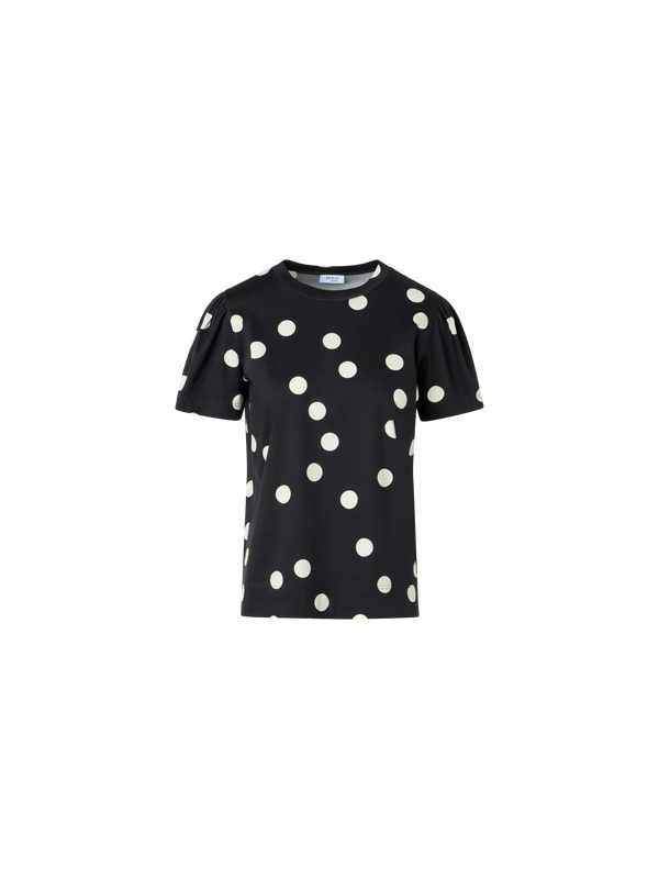 Designer Polka Dot Cotton Jersey T-Shirt with Puff Sleeves - black