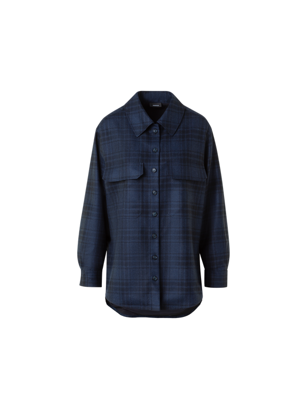 Designer Oversized Wool Flannel Plaid Shirt Jacket - neutral - navy - blue