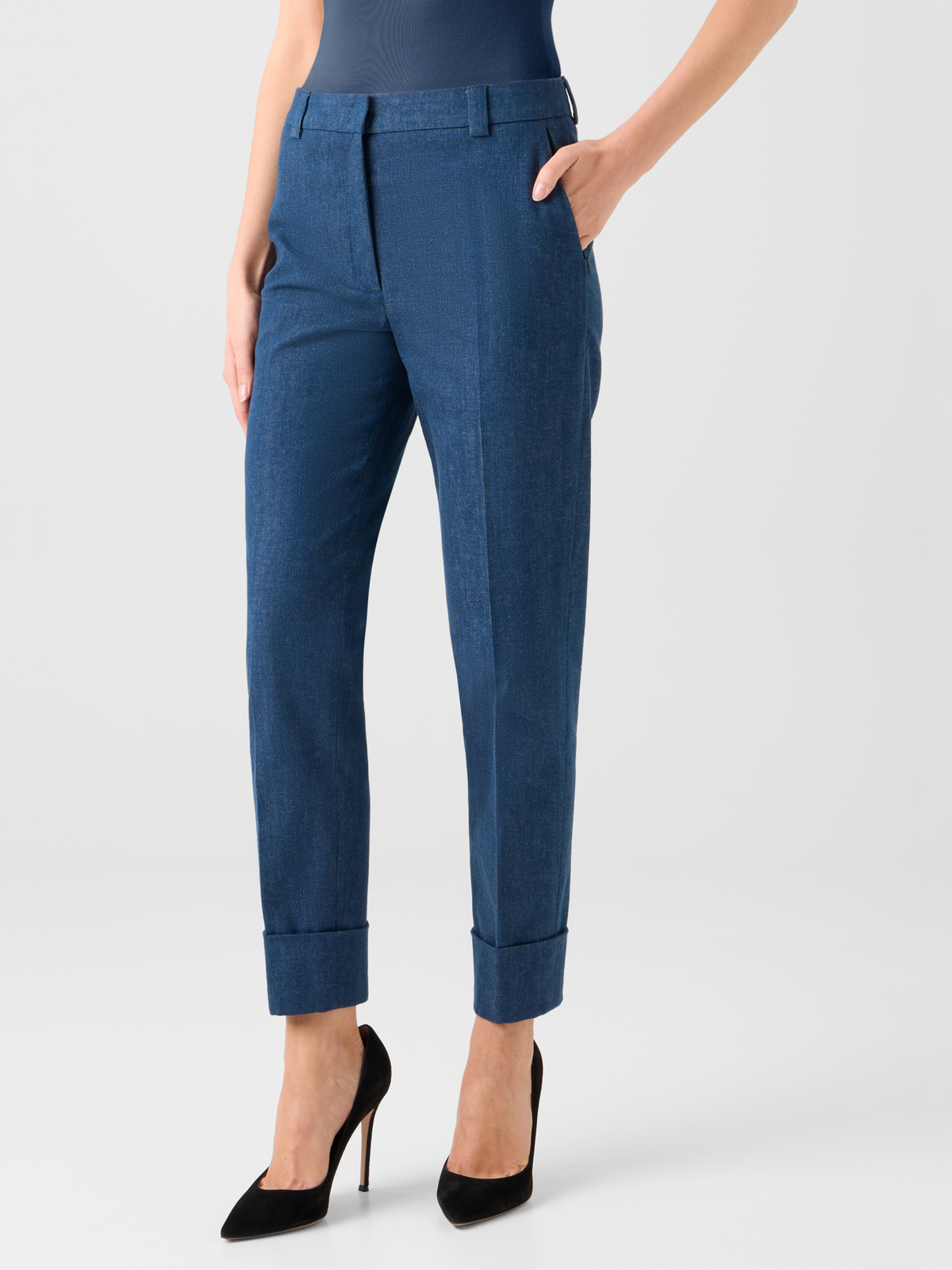 Designer Cropped Tapered Stretch Cotton Denim Pants - blue #editorial