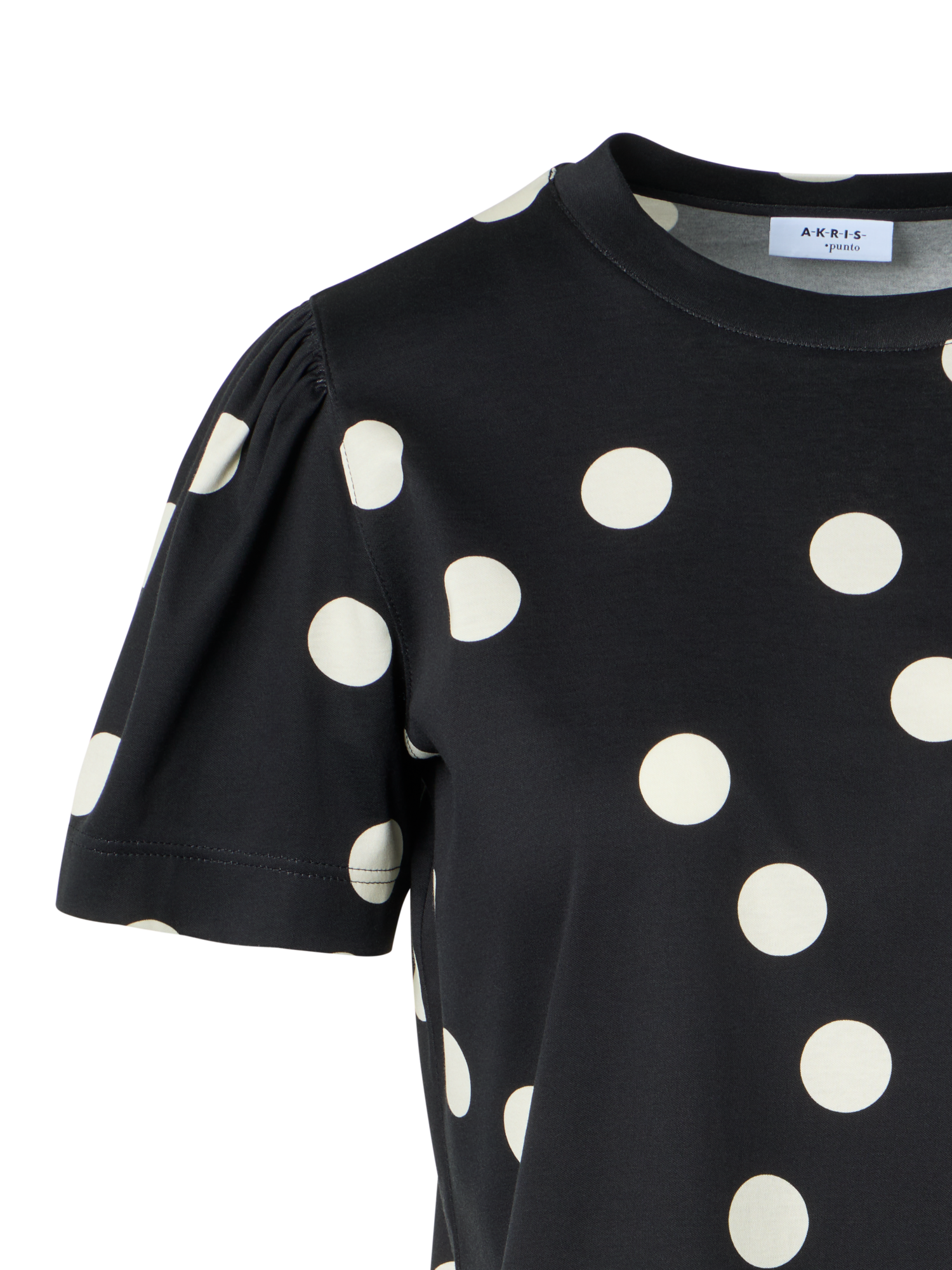 Designer Polka Dot Cotton Jersey T-Shirt with Puff Sleeves - black