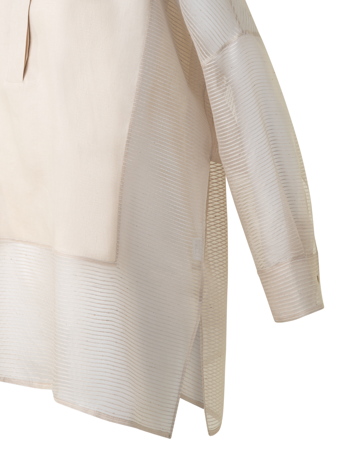 Designer Linen Tunic Blouse with Striped Organza - neutral - grey - beige