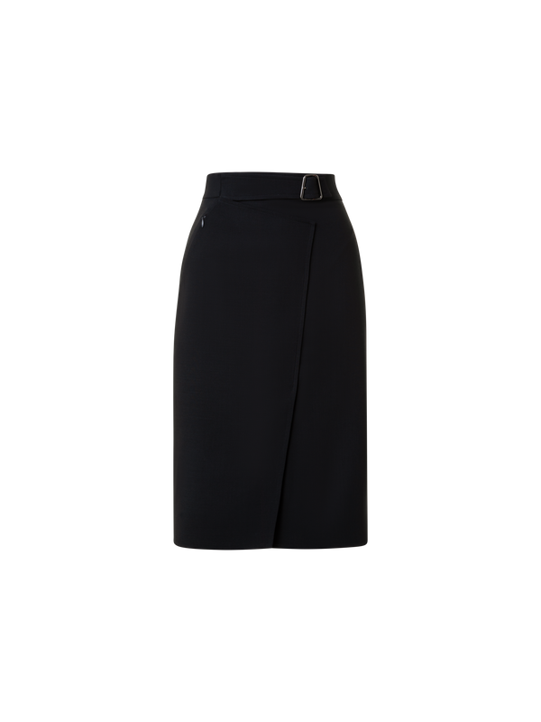 Designer Wool Double-Face Wrap Effect Pencil Skirt - black