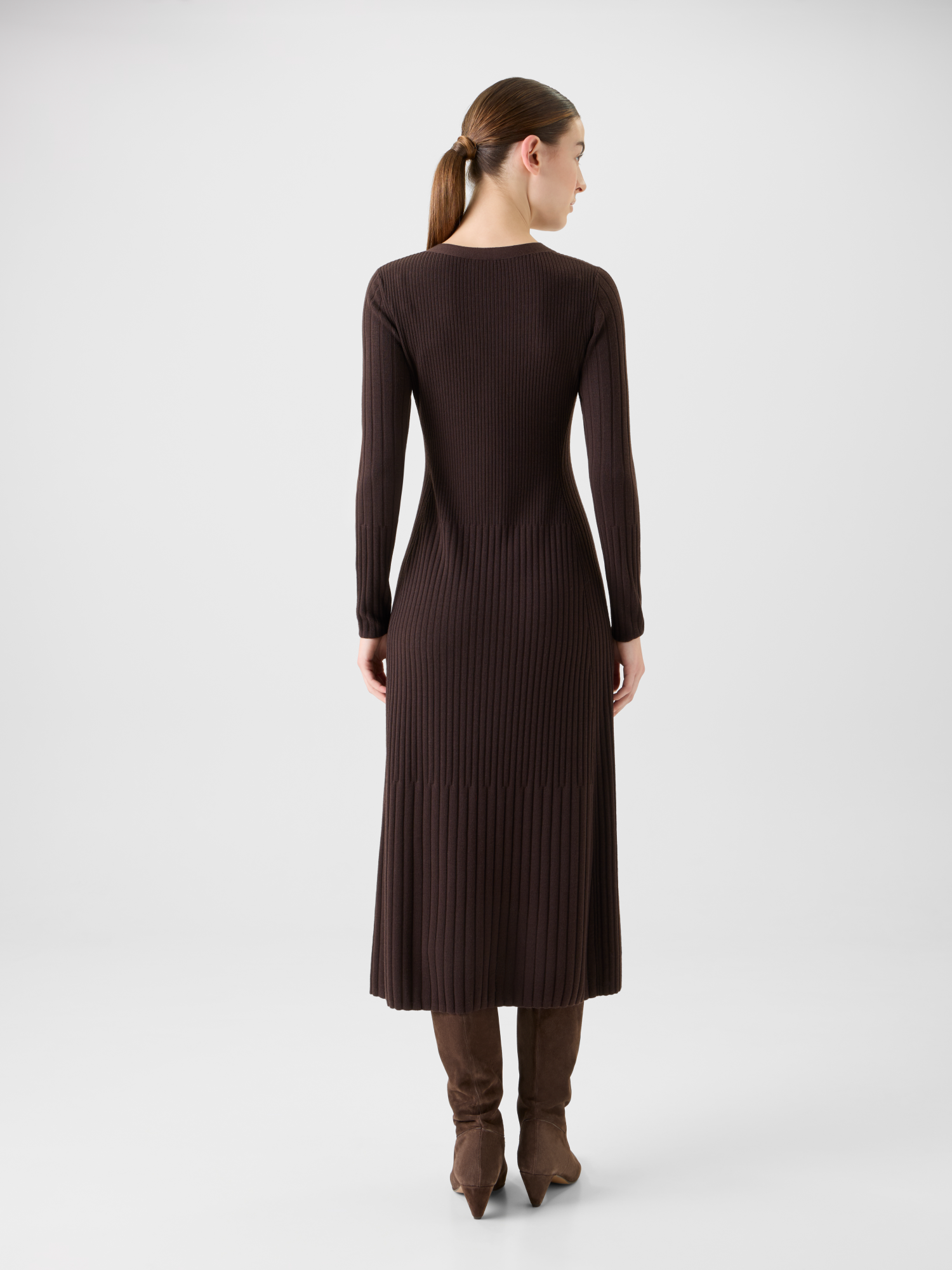 Designer Henley V-Neck Merino Wool Knit Midi Dress - neutral - brown 
