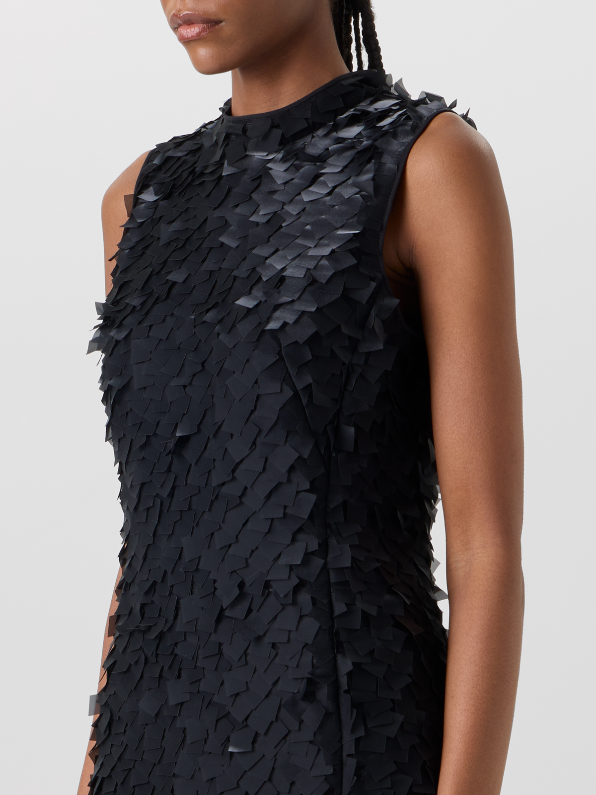 Designer Sleeveless Sheath Dress in Layered Organza Tiles - black 