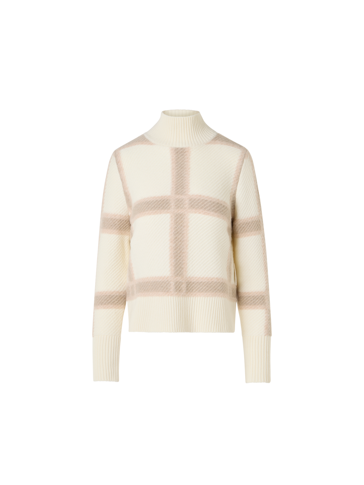 Designer Wool Cashmere Sweater with Intarsia Plaid - ecru - multicolor