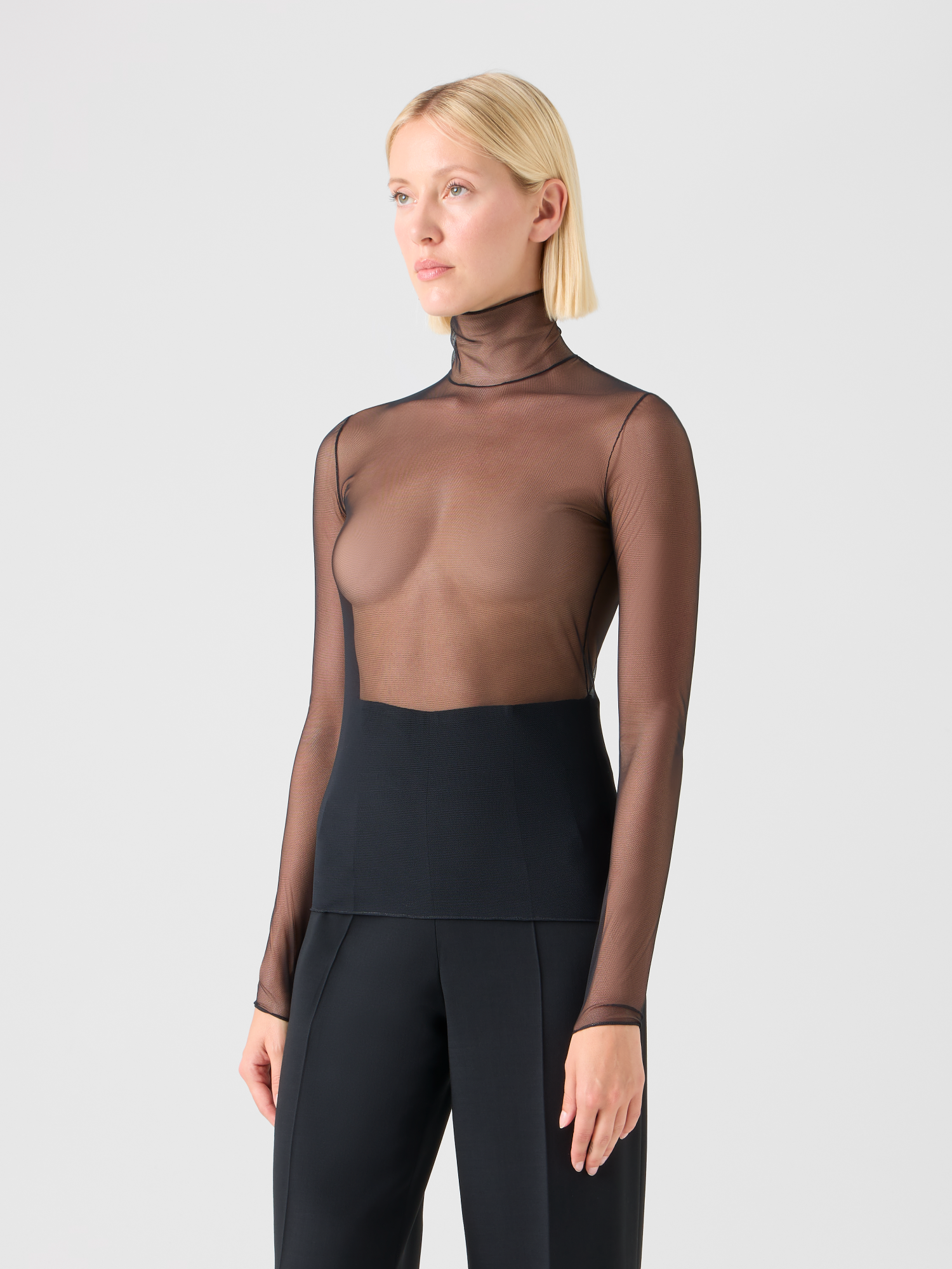 Designer Sheer Fitted Mock Neck Top in Stretch Tulle - black - neutral 