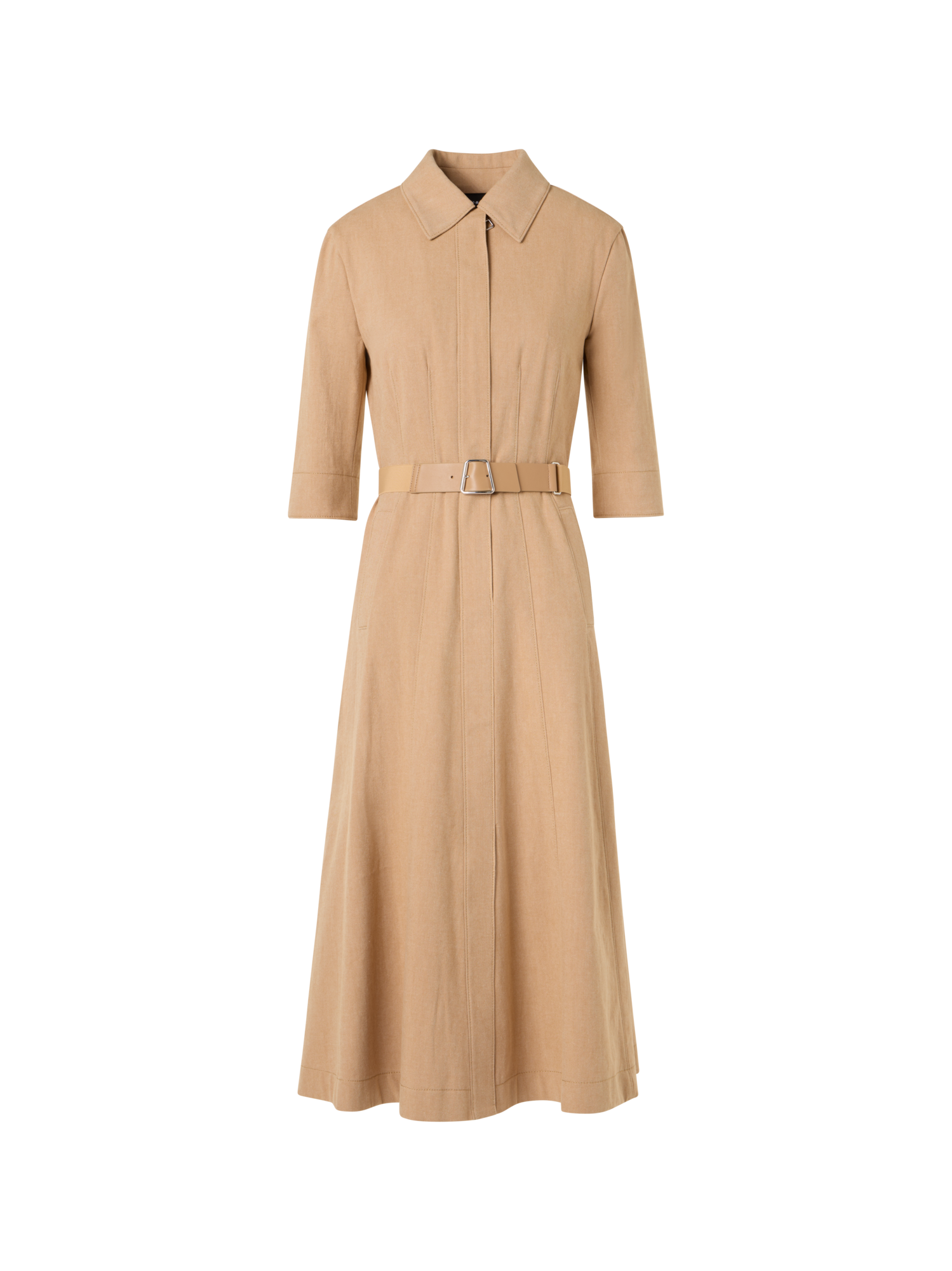 Designer A-Line Cotton-Denim Stretch Midi Dress - beige