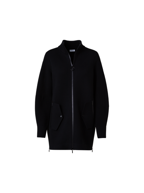 Designer Long Knit Bomber Jacket in Stretch Merino Wool - black