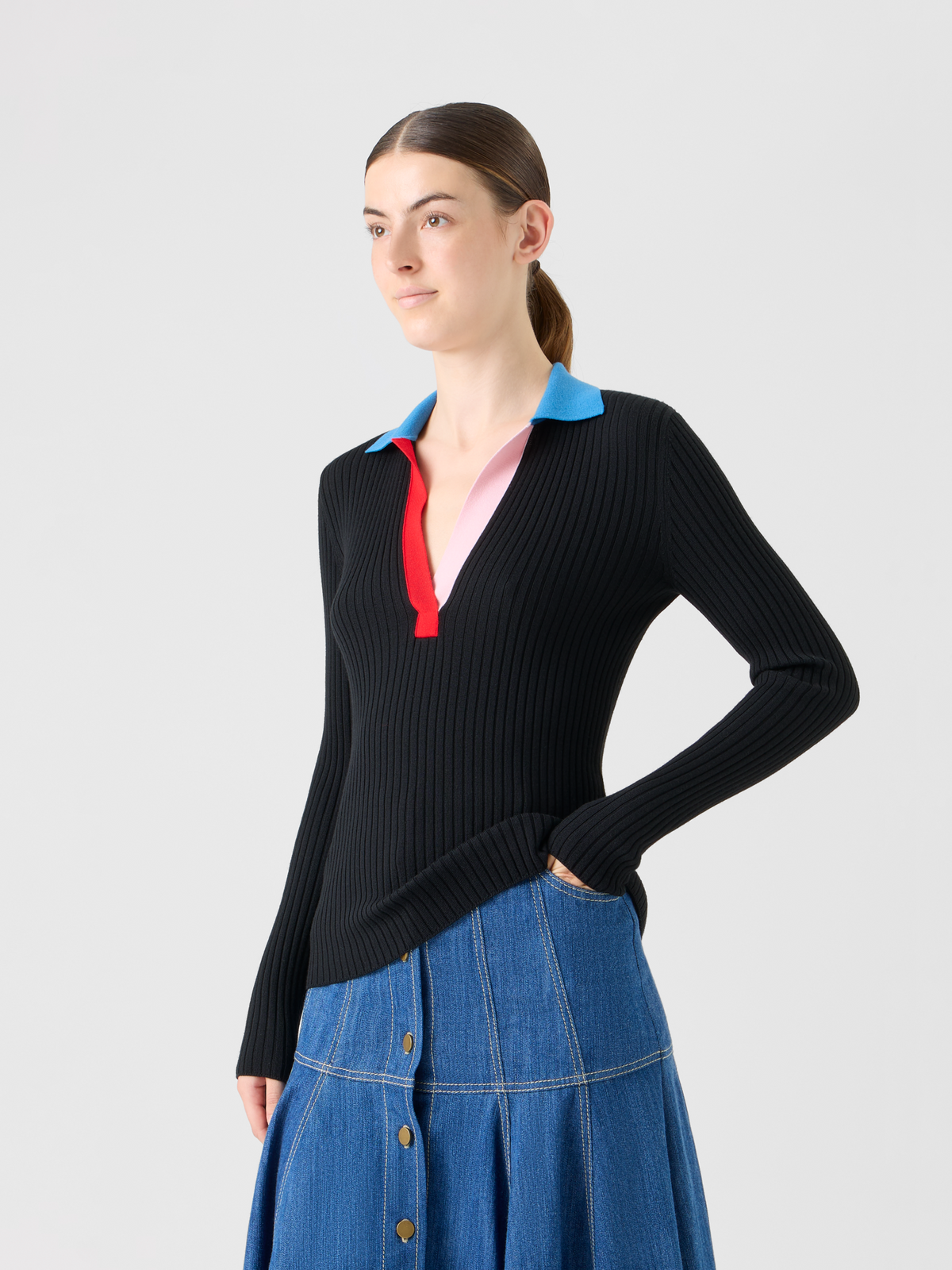 Designer Ribbed Merino Wool Polo Sweater - black #editorial