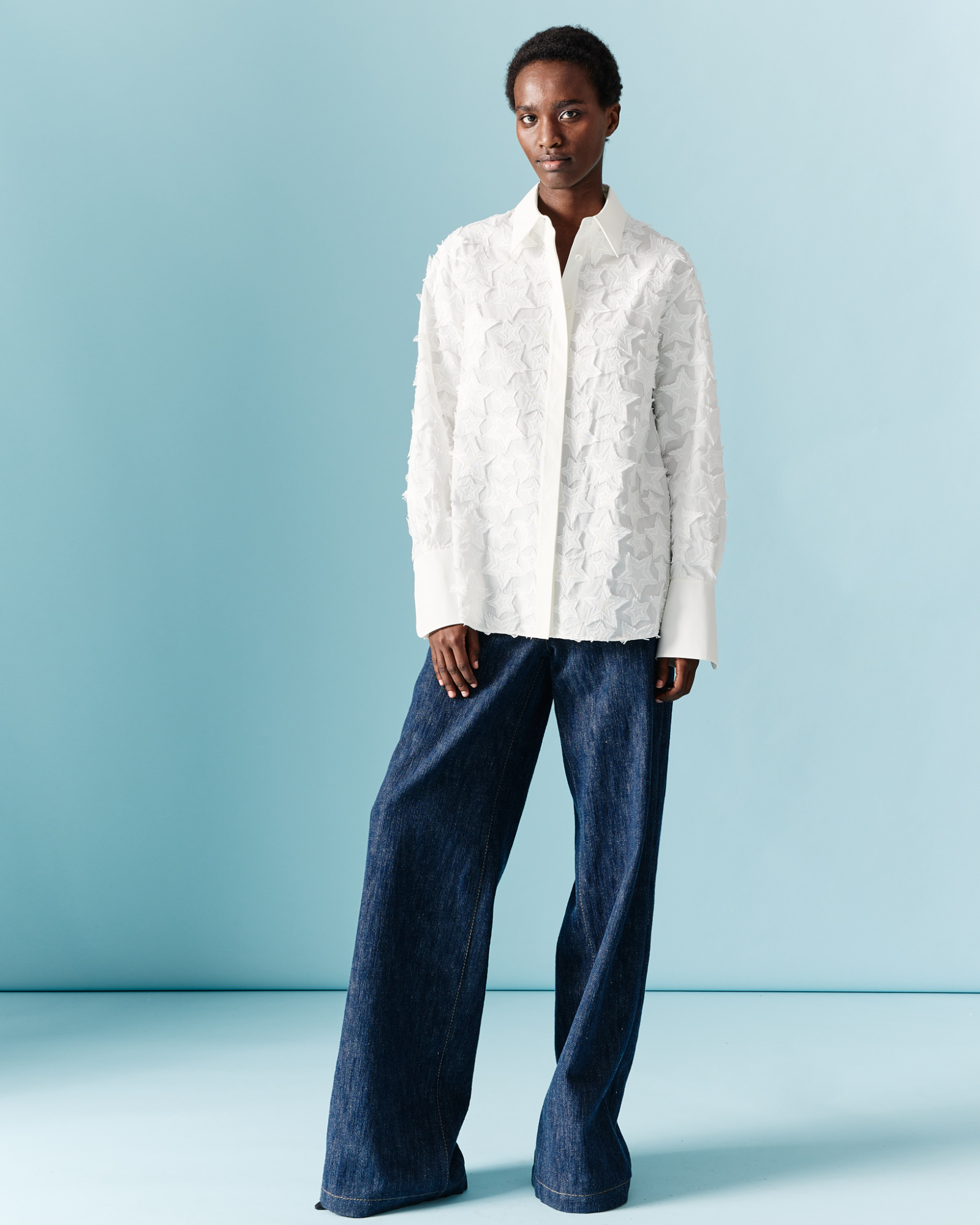 Designer Blouse in Cotton with 3D Star Embroidery - neutral - ecru - white 